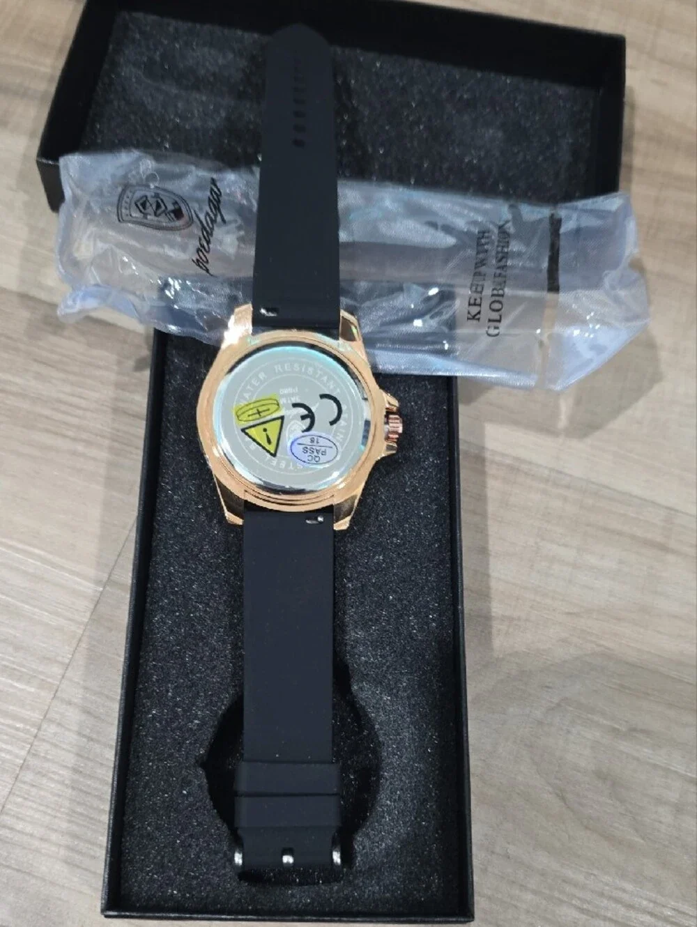 Men's Black Silicone Strap Watch with Rose Gold Accents